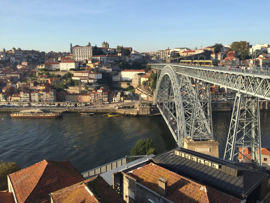 Stunning view of Dom Luís I Bridge crossing the Douro River in Porto, Portugal.